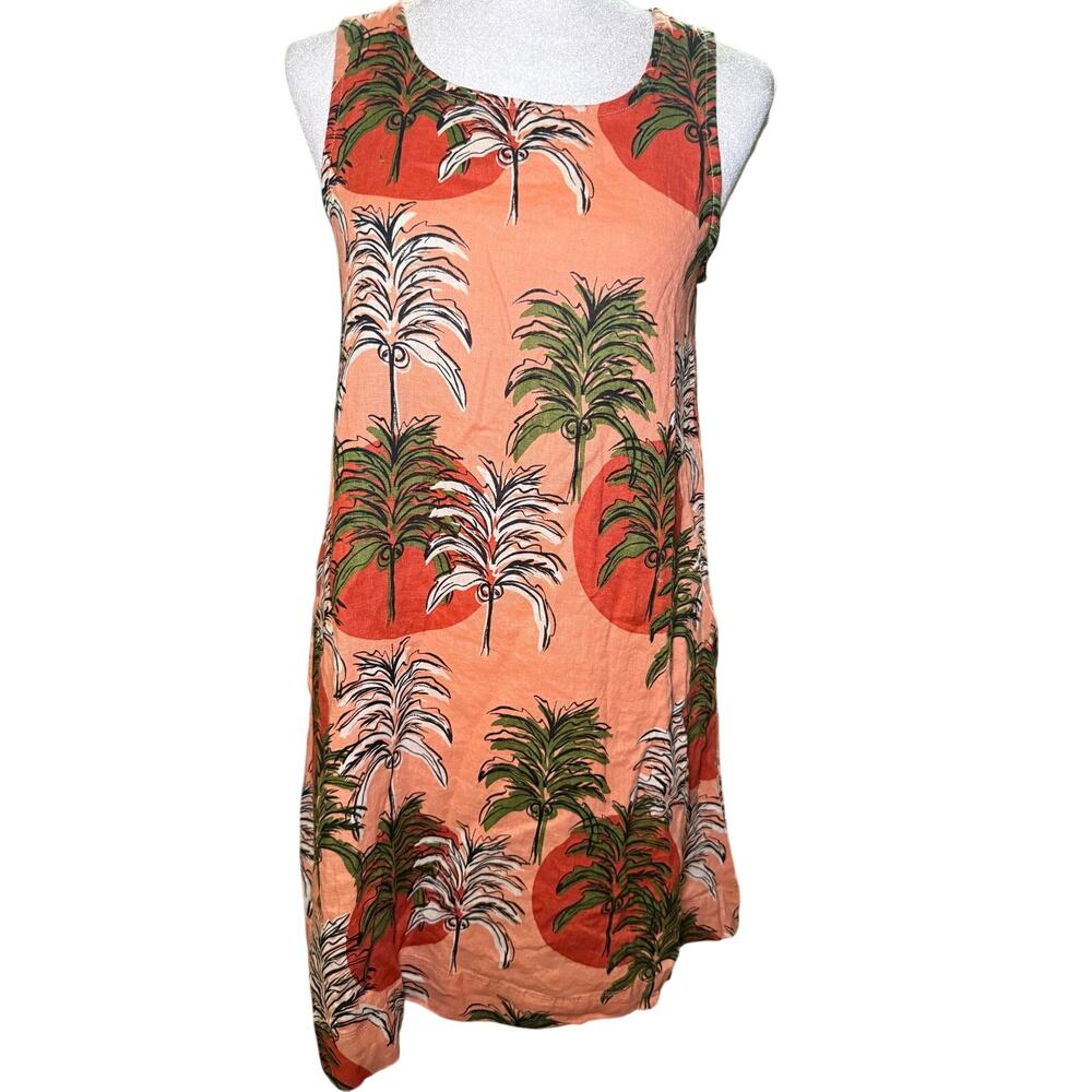 Nicole Miller 100% Linen Sleeveless Shift Dress, Coral, Tropical Palm, Small